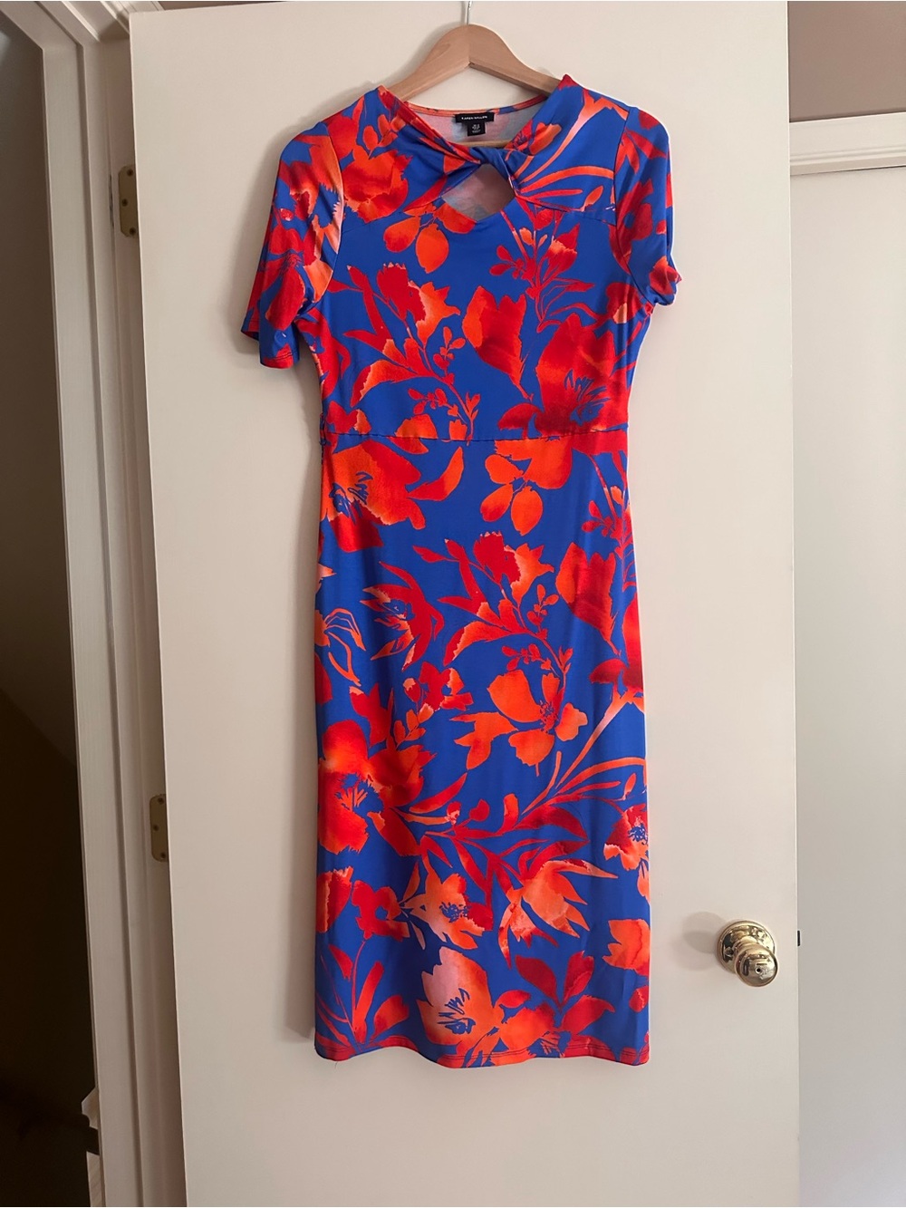 Karen Millen Blue Dress with Red Floral Print and Keyhole